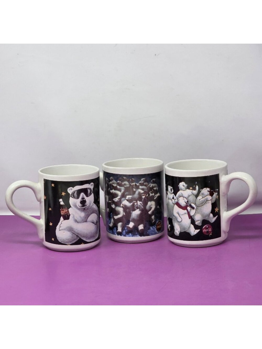Coca-Cola Polar Bear Coffee Mugs Lot of 3 White Ceramic Assorted Designs 1996